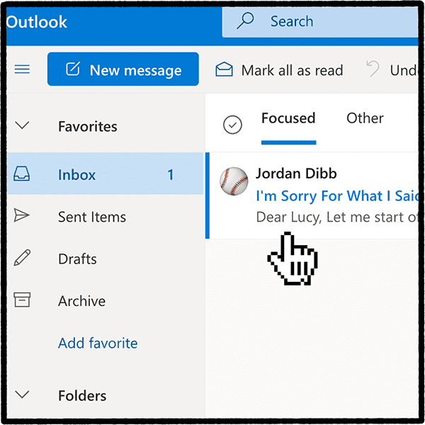 A mouse cursor clicking the email from with an outlook inbox